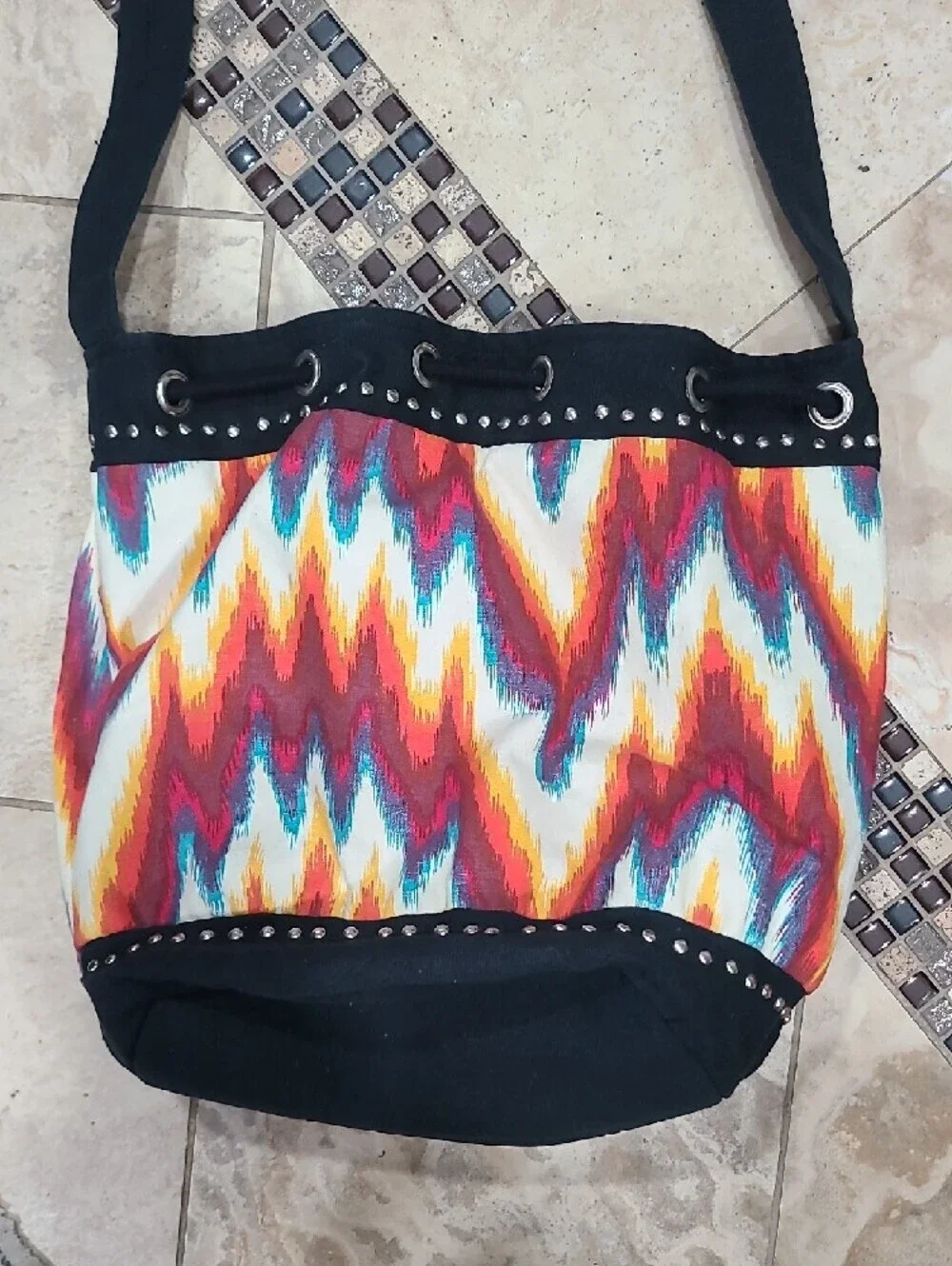 Zara Multicolor Zigzag Hobo Shoulder Bag with Black Trim